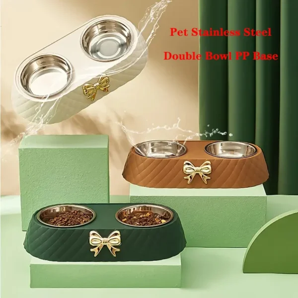 Pet Supplies Bow-tie Bowknot Cats Food Bowl PP Base Dog Bowl Stainless Steel Double Pet Accessories Feeding Drinking Double Bowl - Image 2