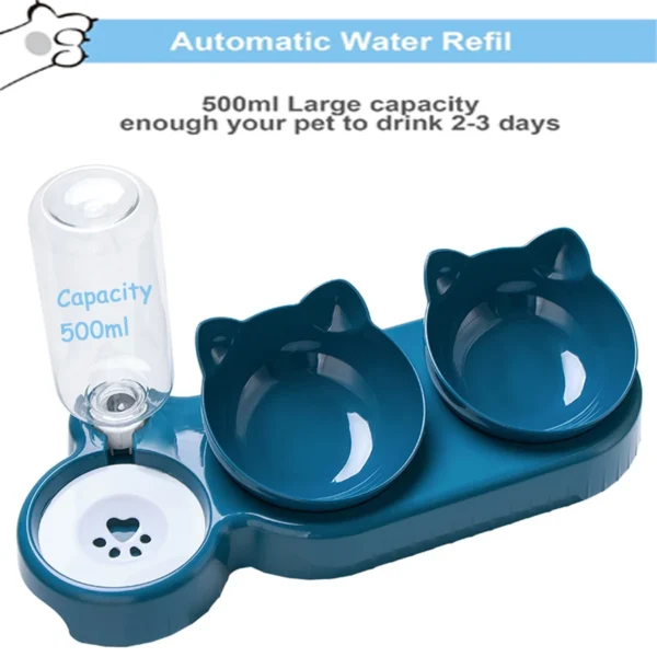 Triple Cat Bowls Pet Feeder, 2-in-1 Double Bowls with Automatic Drinking Bottle, Tilted and Rotatable Design for Cats and Dogs - Image 3